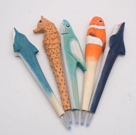Wood Carved Ocean Animal Gel Pen Dolphin Shark Fly Fish Writing Pens Stationary Prize School Supply Christmas Birthday Favors