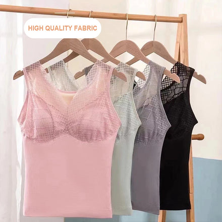 Breathable Formal Lace Stitching Women's Camisole Vest Crop Top with Padded Cotton Tank Thermal Heat Protection