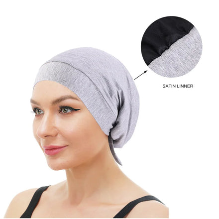 Hot Sale Satin Lined Cotton Solid Color Slouchy Beanie Adjustable Size Chemo Turban Cap Sleeping Hat With Tie