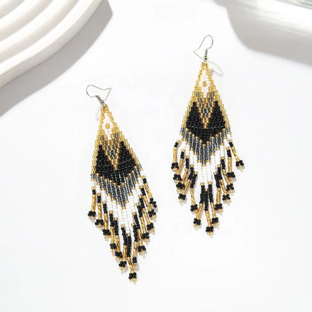 Women's Trendy Hand-Woven Rhombus-Shaped Multi-Color Beaded Tassel Earrings Multi-Occasion Huggie Huggie for Wedding Parties