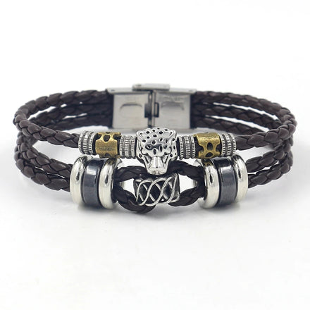 Vintage Jewelry Multilayer PU Leather Alloy Leopard Head Beads Woven Bracelet for Men