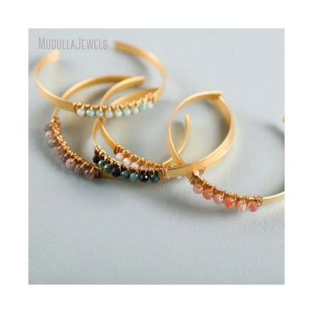 BM44421 Natural Gemstone White Jade Rose Quartz Labradorite Rondelles Cuff Bangle Gold Plated Bracelet