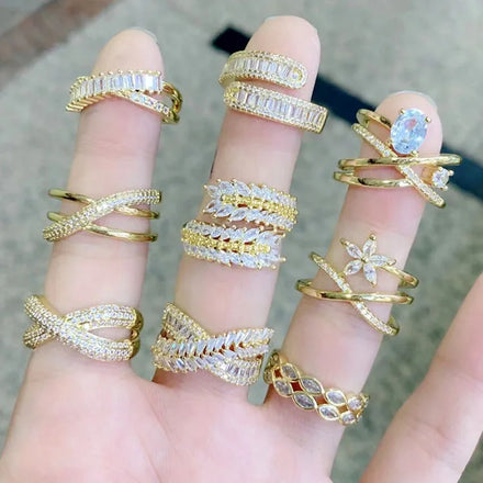 RM1516 New Luxury 18k Gold Plated Diamond CZ Baguette Cross X Feather Leaves Double Stack Cocktail Rings