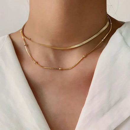 Personalized Multilayer 14k Gold Plated Stainless Steel Necklace Bead Chain Snake Chain Double Layer Necklace