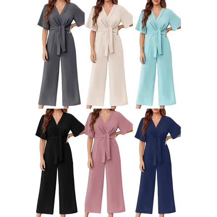 RNSHANGER Simple Solid Color Jumpsuits Women Summer V-neck Half Sleeves Leace-up Wide Legs Jumpsuit Lady Commuting Clothing