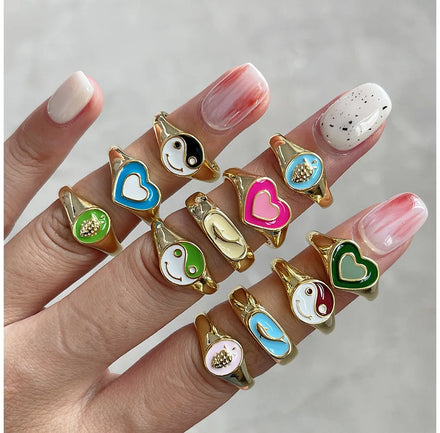 40 Style Wholesale Fashion Drop Oil of Heart love Smiling Face Pattern Copper Ring for Women