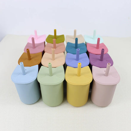 Colorful Food Grade Tazas Reusable Kids Training Tasa Toddler Tumbler Bpa Free Travel Silicone Baby Cat Cup With Straw