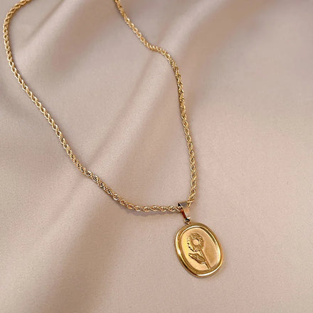 Gold Plated Stainless Steel Sunflower Oval Disc Pendant Braided Twist Chain Rope Chain Jewelry Necklace
