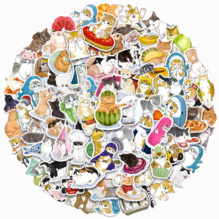 100Pcs Ink Painting Style Cute Cat Graffiti Stickers for Laptop Phone Diary Vinyl Cartoon Funny Kitty Sticker