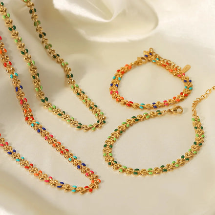 New Design 18k Gold Plated Stainless Steel Chain Green Dripping Oil Olive Leaf Necklace Bracelet Enamel Colorful Jewelry Set