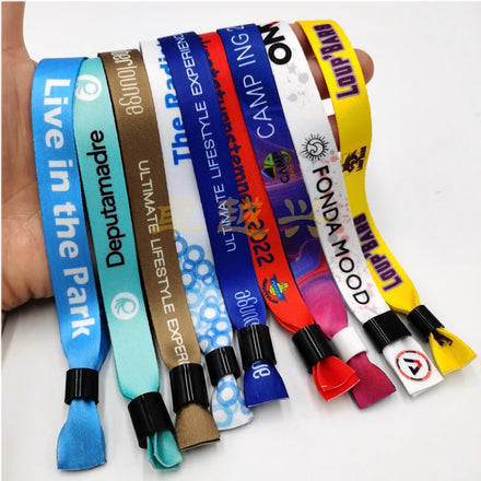 Promotional Adjustable Plastic Locks Clip Polyester Party Rpet Bracelet Printed Custom Festival Woven Event Fabric Wristband