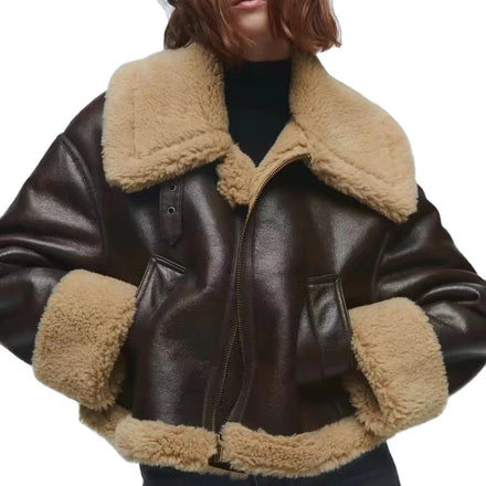 Hot Sale Women's Winter Short Coat PU Leather Turn down Collar with Lamb Wool Patchwork Zipper Closure Parka Outerwear