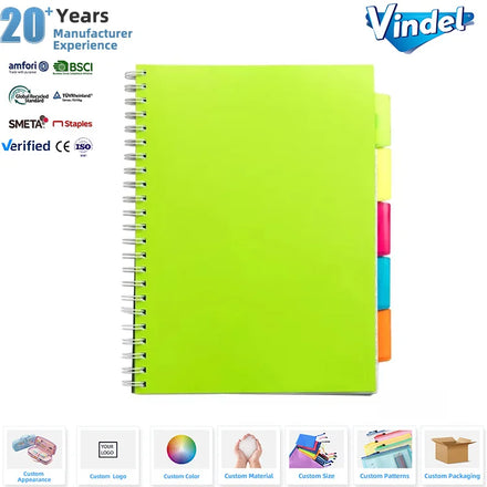 Factory Custom Logo A5 Spiral Bound Notebooks School Stationery Plastic Cover Agenda Planner with Colorful Tab Dividers