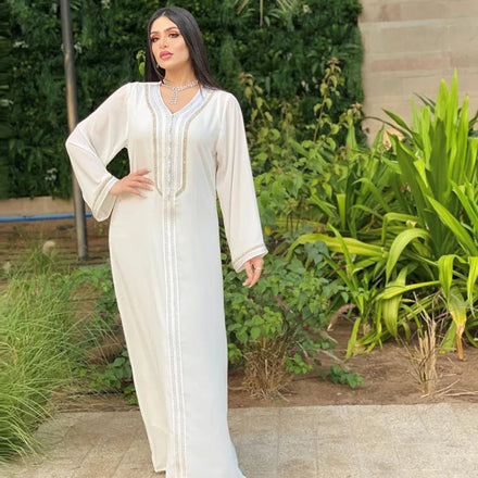 MoroccoEID Dubai Abaya Islamic Large Leaf Printing Muslim AB290 Feather Hot Drilling Stitching Kaftan Maxi Dress