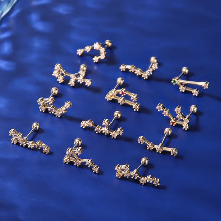 New Stainless Steel Gold Plated Ear Piercing Jewelry Colorful Zircon Asymmetric Star Zodiac Conch Helix Cartilage Earrings