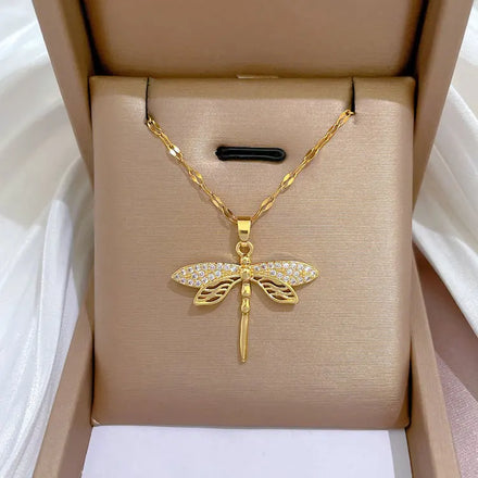 SC Luxury Zircon Dragonfly Pendant Necklace Women Delicate Lucky 18K Gold Plated Stainless Steel Hollow Dragonfly Necklace