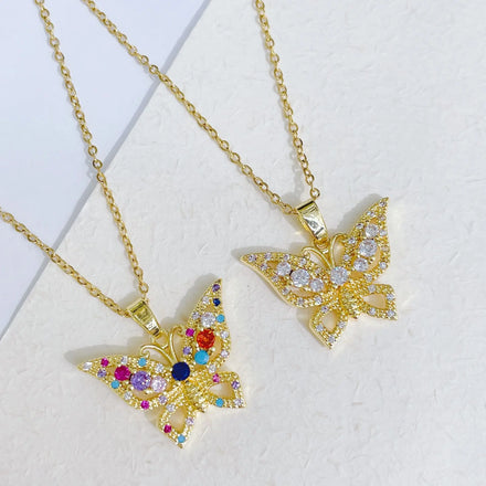 Bohemian Colorful CZ Crystal Butterfly Necklace Stainless Steel 18k Gold Plated Zircon Butterfly Pendant Necklace for Women