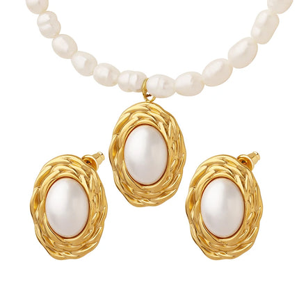 Hight Quality Imitation Pearl Oval Shape Personality Design Necklace Earrings Stainless Steel Jewelry Sets