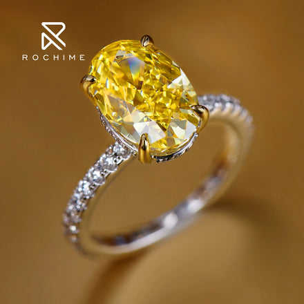 Rochime Classic Oval Yellow Gemstone Ring 925 Silver Rhodium Plated 5A CZ Luxury Women Jewelry Bulk Supply