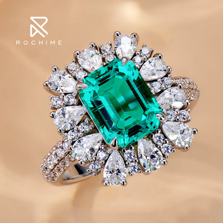 Rochime Fashion Jewelry Luxury Flower Cluster Lab Grown Emerald Ring925 Sterling Silver Rhodium Plated 5a Zircon Jewelry