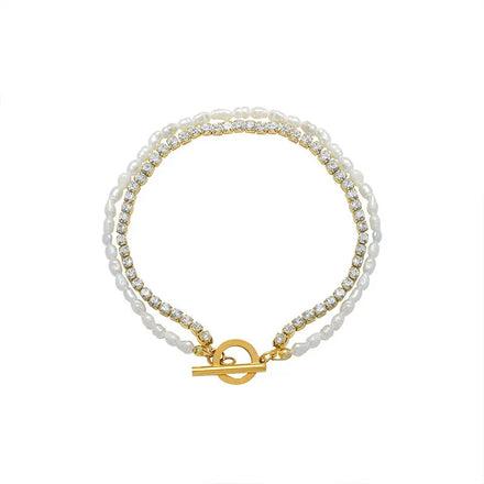 Fenny Non Tarnish Double Layer Real Freshwater Pearl Zirconia Pave Toggle Pendant Bracelet Stainless Steel Jewelry Wholesale