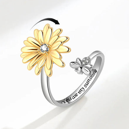 Hot Selling Adjustable Sunflower Copper You Are My Sunshine Cubic Zirconia Stacking Ring for Women Birthday