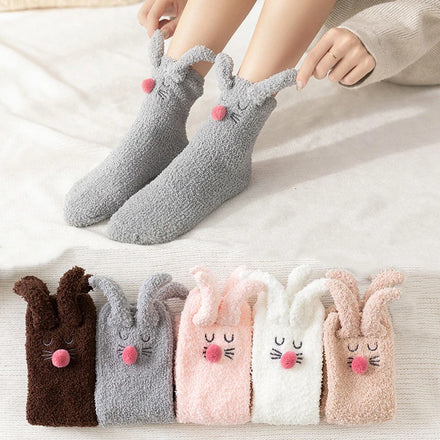 Wholesale Cute 3D Rabbit Pom Pom Cozy Fluffy Thick Warm Sleeping Socks Women Bunny Soft Fuzzy Plush Socks