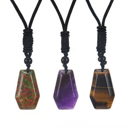 New Style Natural Stone Crystal Hexahedron Pendant Necklace Gemstone Jewelry Amethyst Necklace with Adjustable Rope Chain