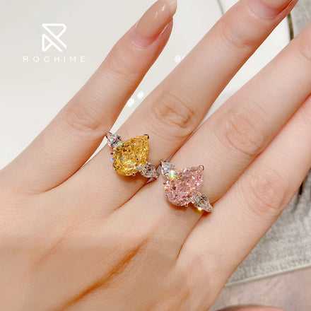Rochime Water Drop pink Yellow Color Gemstone Ring Pear Cut 925 Sterling Silver Rhodium Plated Jewelry for Women