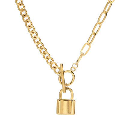RisingMoon Hot Sale Cuban Chain Ot Necklace 18k Gold Plated Stainless Steel Lock Pendant Necklace
