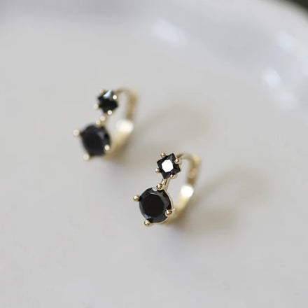 Gold Plated Pure 925 Sterling Silver Simple Cool Fashion Black Zircon Stone Hoop Earrings for Women Girls