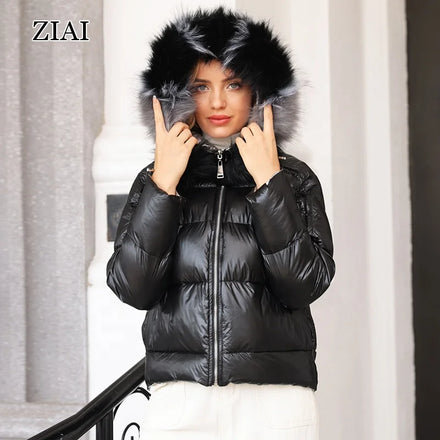 Whosale Fashion Winter Woman Down Coat Warm Fur Collar Hood Down Puffer Jacket Cotton Padded Jacket