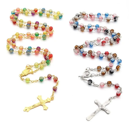 SC Hot Selling Creative Rose Beaded Necklace Bohemian Gold Silver Cross Necklace Vintage Rosary Necklace for Women