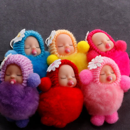 Sleeping Baby Doll Keychain Pompom Rabbit Fur Ball Key Chain Car Keyring Women Holder Bag Pendant Charm Jewelry
