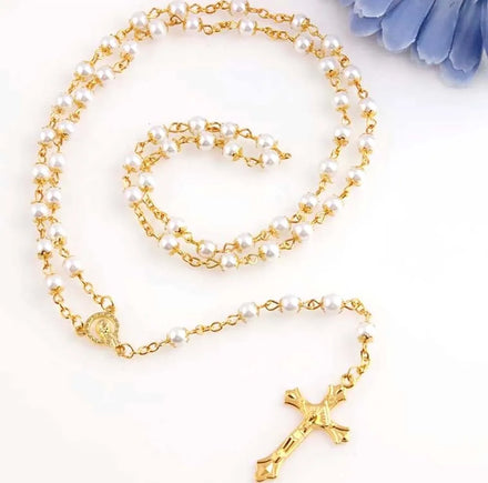 SC New Arrival Luxury Gold Cross Necklace Vintage Wedding Acrylic Pearl Necklace Fashion Rosary Necklace for Women