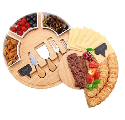 Custom Bamboo Wood Round Cheese Cutting Board Charcuterie Board With Drawers Serving Platter Cutlery Server Knife Set with Tools