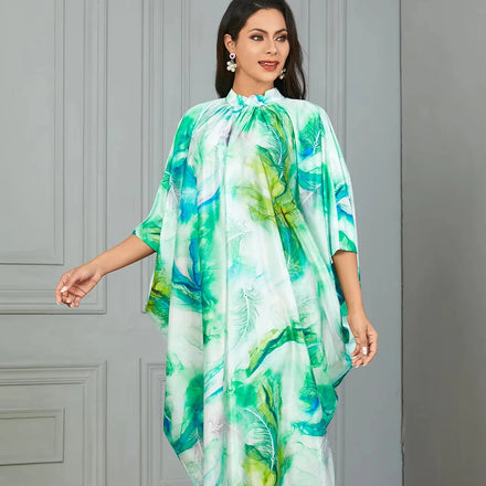 Wholesale EID Ramadan Dubai Tutkish Arab Kaftan Maxi Dress Ethnic Islamic Clothing Printed Abaya Muslim Green Dresses
