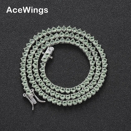 BC121 3mm Apple-Green CZ Iced Silver Cubic Zirconia Classic Geometric Brass Setting Tennis Link Chain Unisex Engagement Necklace