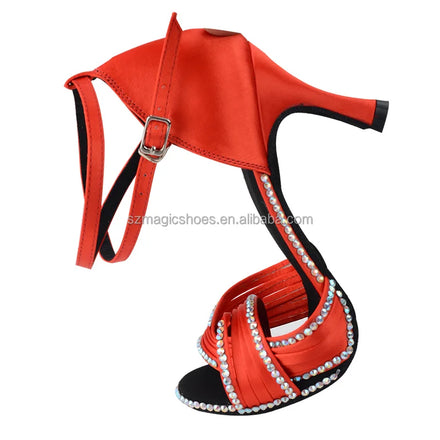 Customized Red Latin Dancing Shoes for Women Ballroom Sandals Rhinestones