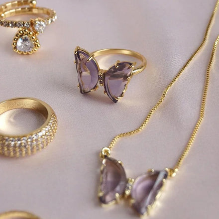 New Fashion 18k Gold Plated Opening Girls Zircon Earring Brass Women Jewelry Set Necklace Colorful Crystal butterfly Finger Ring
