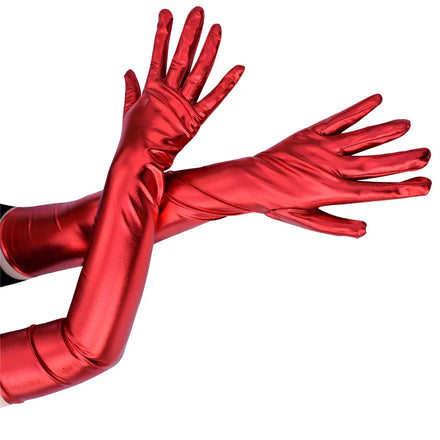 Sexy Women Winter Thin Long Full Finger Shiny Metallic Red Gloves 50cm Simulation Leather PU Sleeve Non-slip Warm Driving Gloves