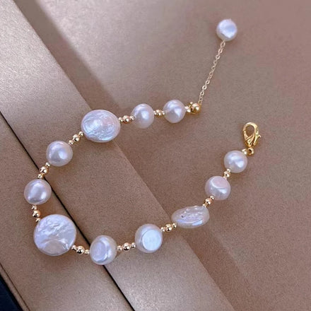 New 9-10mm+12-13mm Button Baroque Pearl Bracelet Freshwater Pearl AAAA Grade Gold Plated Trendy Women's Jewelry