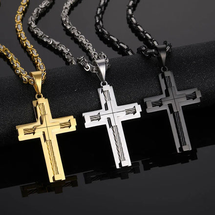 Wholesale Gold Plated Double Colorful Necklace High Polished Stainless Steel Cross Pendant Necklace for Men