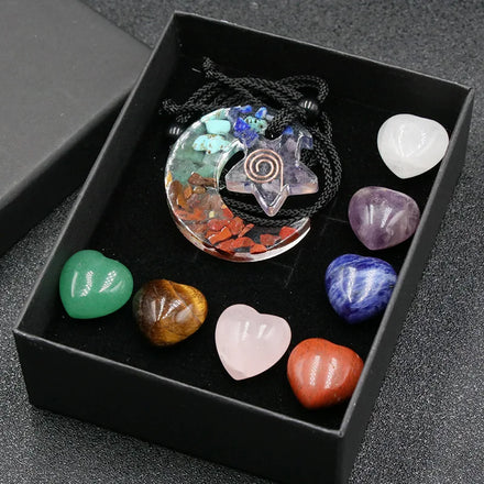 Newest Wholesale Natural Chakra Stone Healing Crystal Moon Star Pendant Heart Gemstone Sets Jewelry for Gift