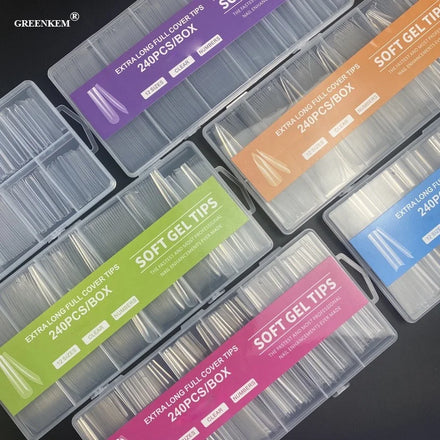 240Pcs Box No Trace Clear Straight Square Nail Tips 12 Sizes Extra Long Stiletto Coffin Gel X Nail Tips Full Cover