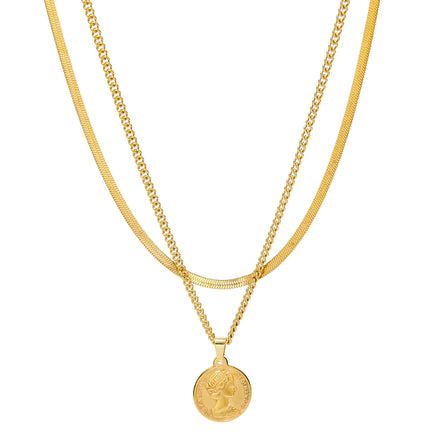 European and American Vintage Double Layer 18k Gold Plated Stainless Steel Portrait Pendant Necklace