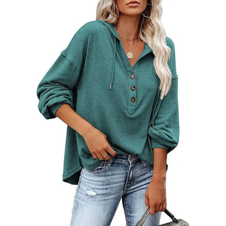 Women's Plain Pullover HoodiesFashionable Fall Women Long Sleeve Women Loose V Neck Pullover Hoodies With Button Down