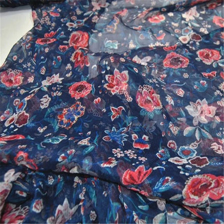 Newest Navy Blue Floral Printed Healthy Mulberry Soft 100% Pure Silk Crinkle Chiffon Fabric for Spring Lady Dress