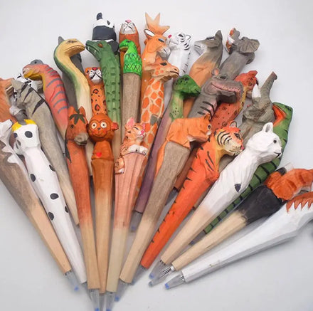 Wood Carved Gel Pen Unique Animal Anime Writing Pens Stationary Prizes School Office Gift Supply Christmas Birthday Party Favor