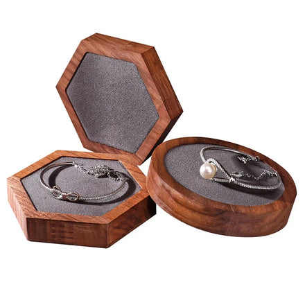Counter Exhibition Walnut Wood Square Hexagon Circle Round Dark Gray Jewelry Set Display Board Holder Organizer